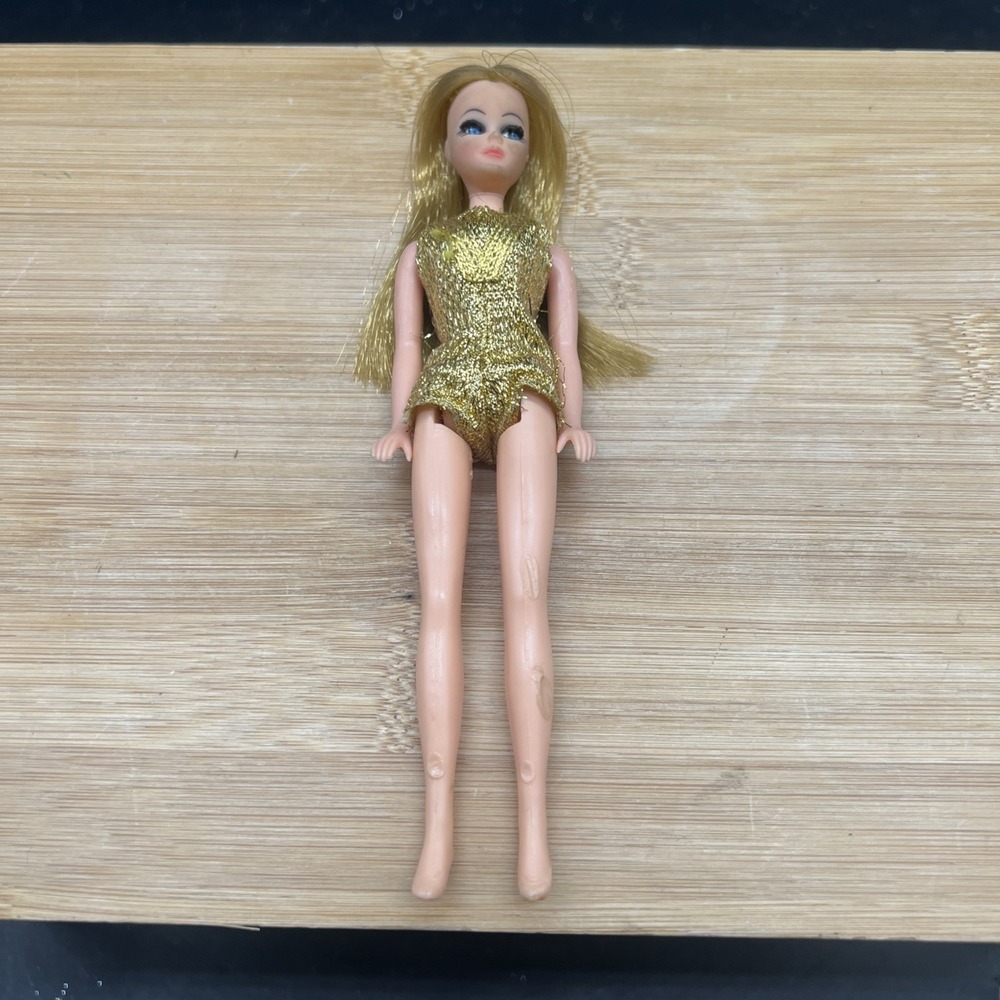 Vintage 1970s Topper BEAUTY PAGEANT DAWN Doll Original Gold Swimsuit Hard Legs!